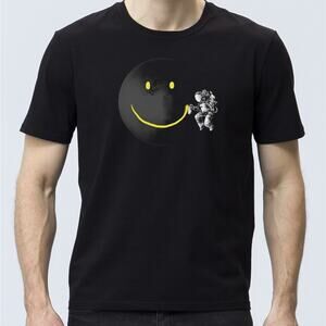 Black Graphic Short Sleeve T-Shirt with Smiley Face & Astronaut NWOT Medium